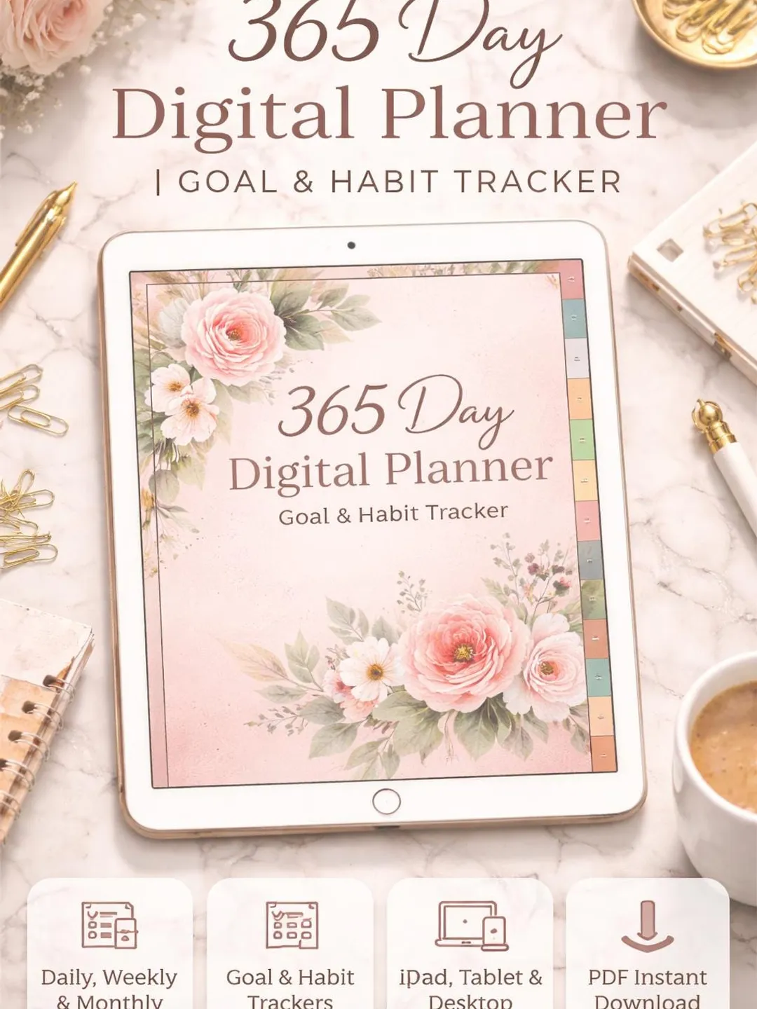 365 Day Digital Planner | Goal & Habit Tracker (PDF Instant Download) Yearly Planner