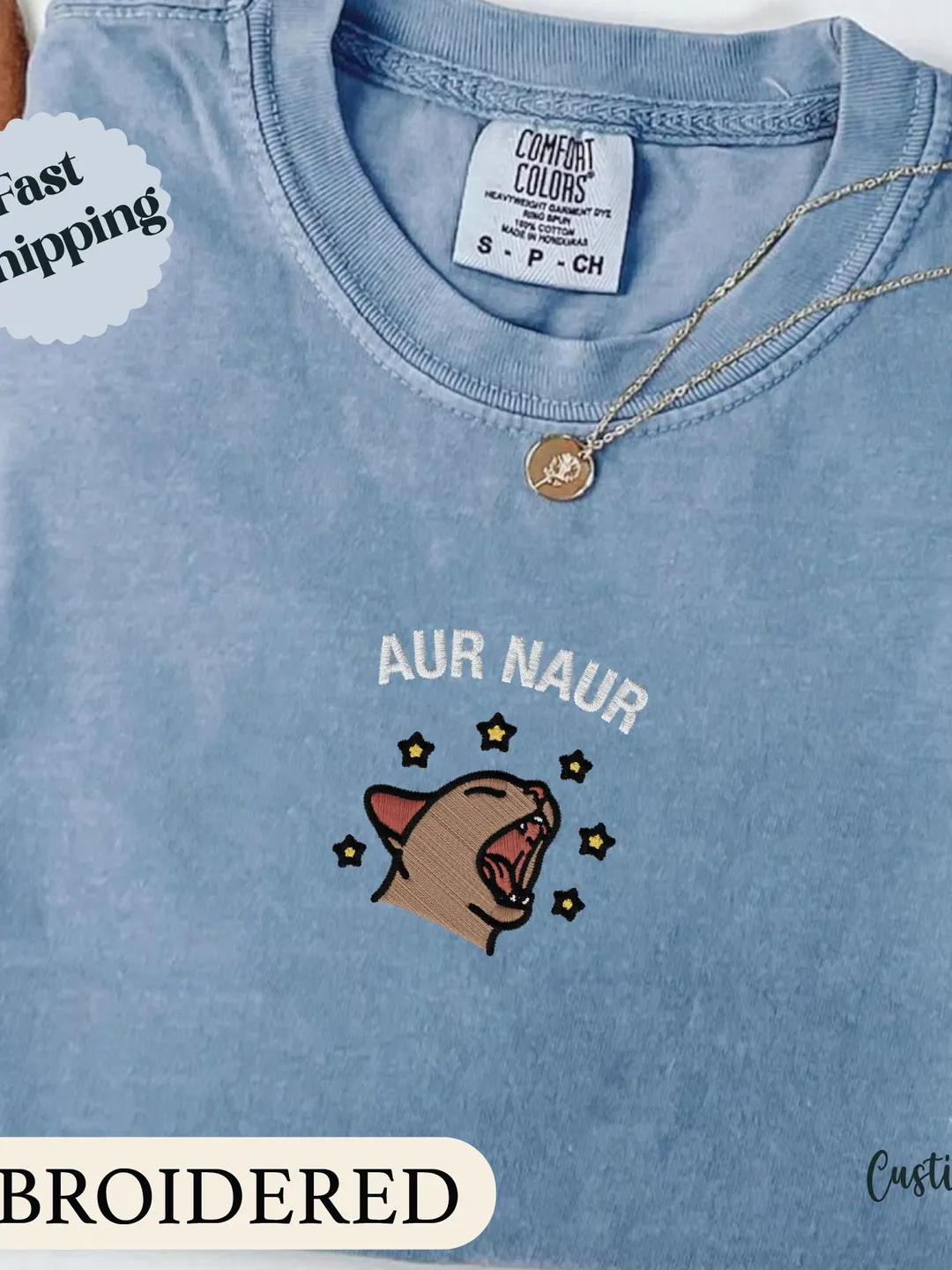 Aur Naur Cat T-shirt, Funny Embroidered Women's Sweatshirt, Silly Cat Meme Crewneck, Cute Cat Mama Shirt, Humorous Mom Gift, Comfort Colors