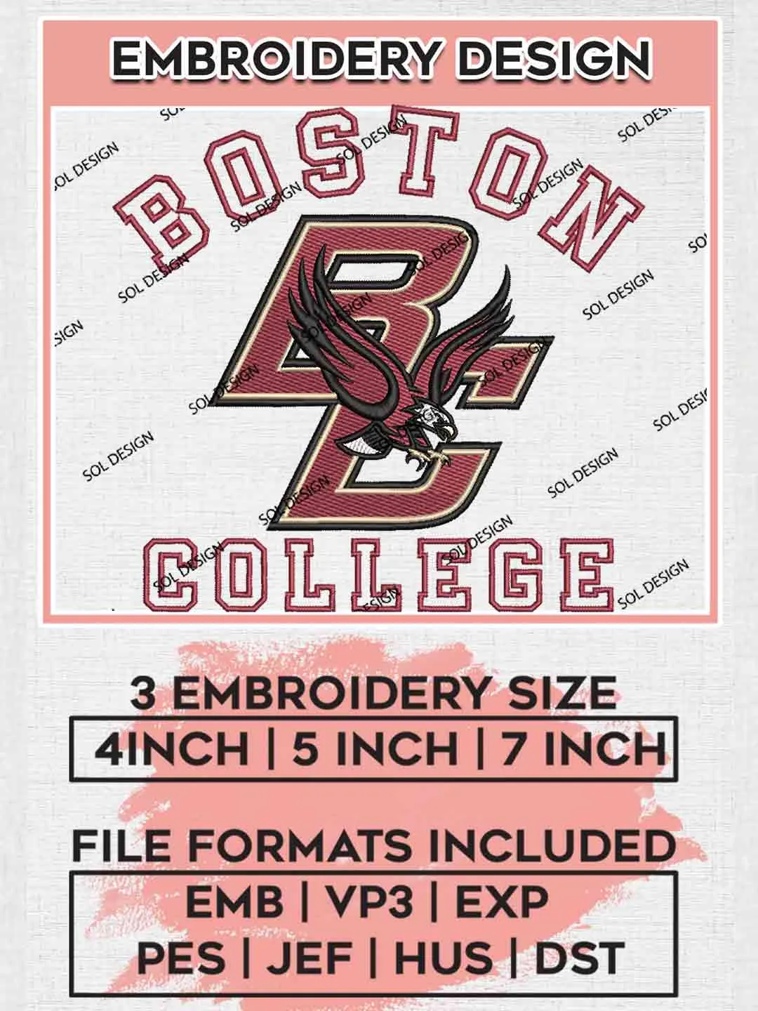 Boston College Logo Embroidery Designs, NCAA Boston College Eagles Logo Embroidery files, NCAA Team, College Football Team Machine embroidery designs, Digital Download
