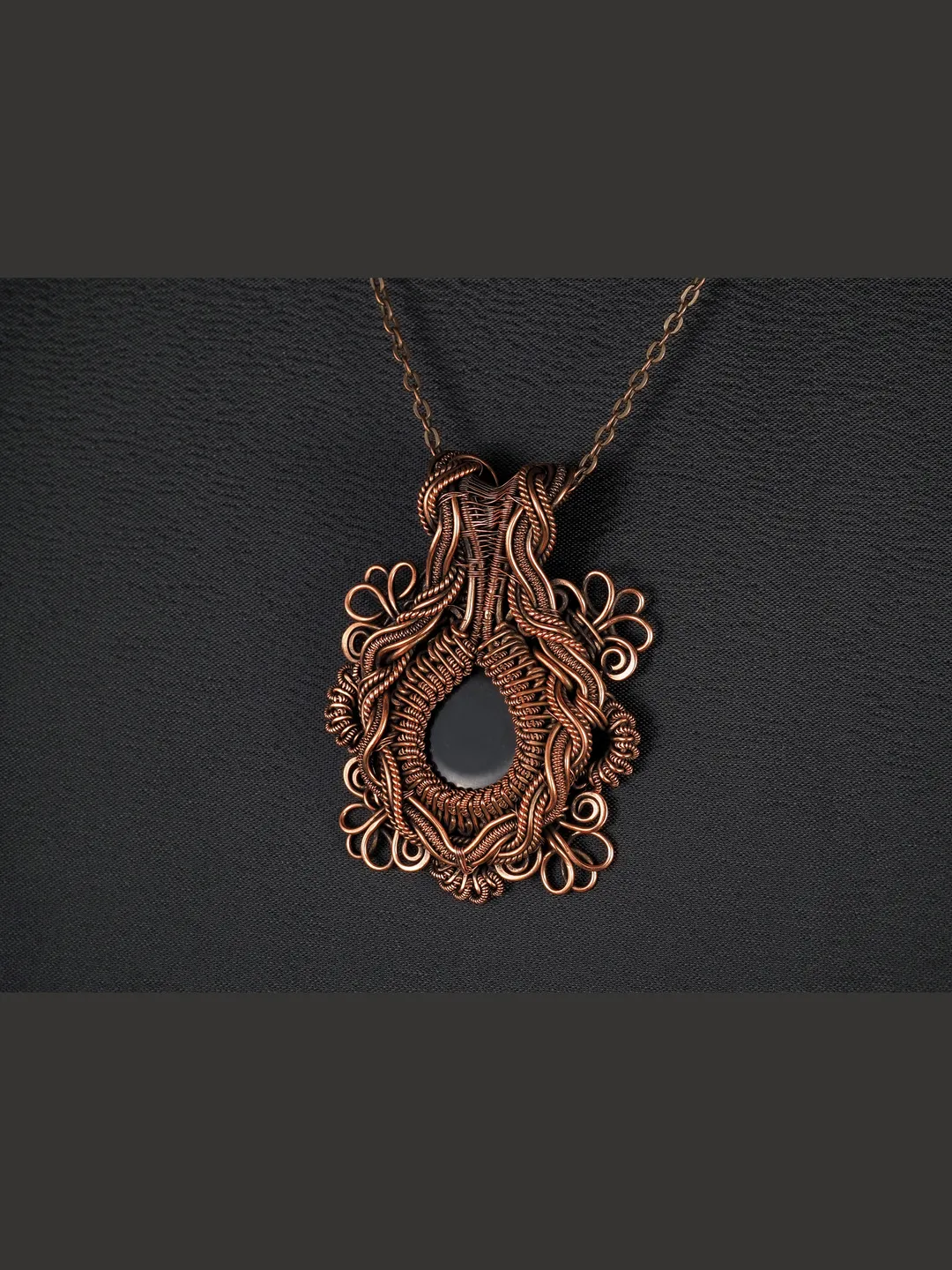 Black onyx pendant Unique copper wire wrapped natural gemstone necklace Wire Wrap Art