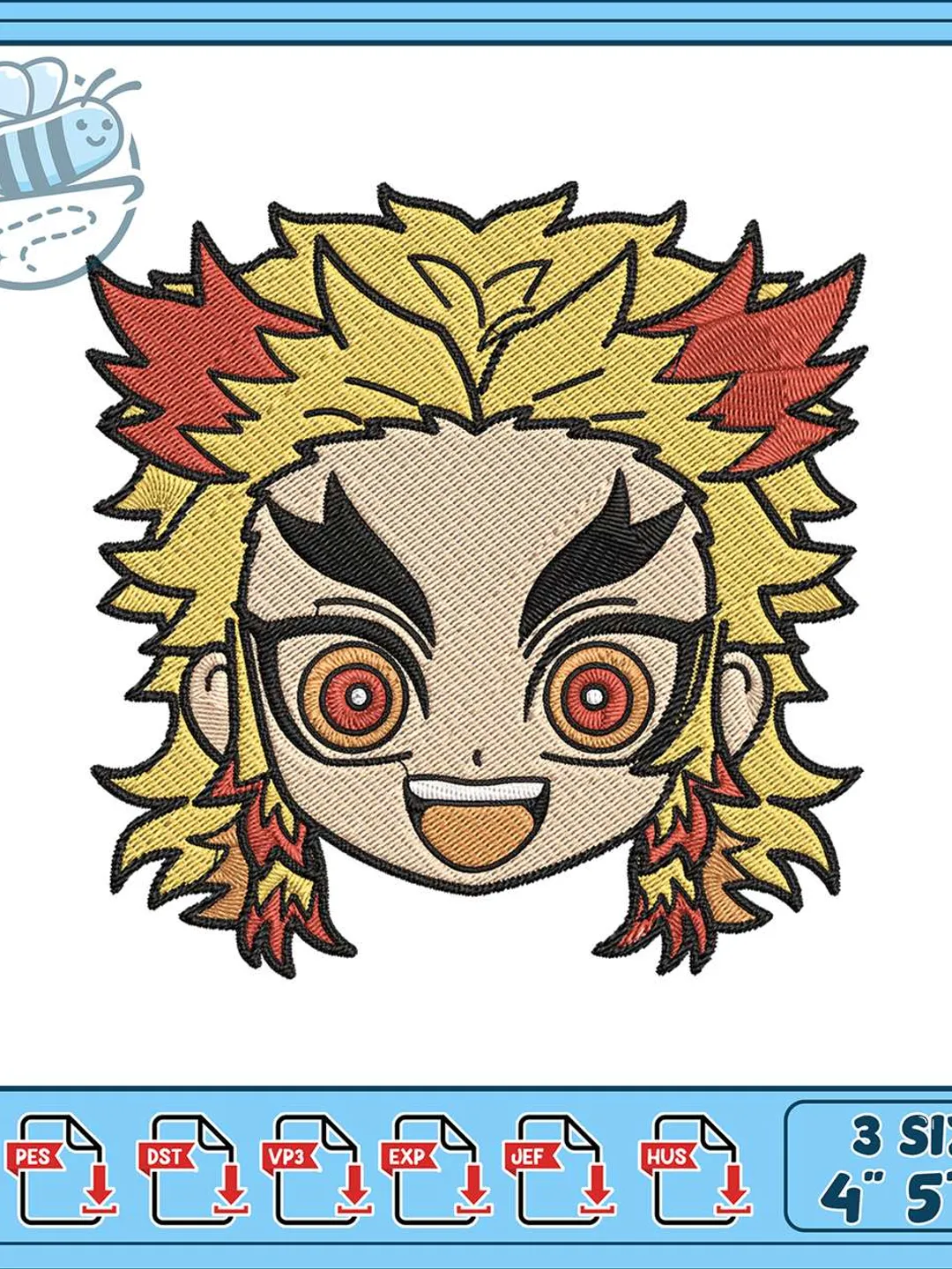 Rengoku Chibi Face Embroidery Design, Demon Slayer Anime Machine Embroidery File, Cute Chibi Character Embroidery Pattern