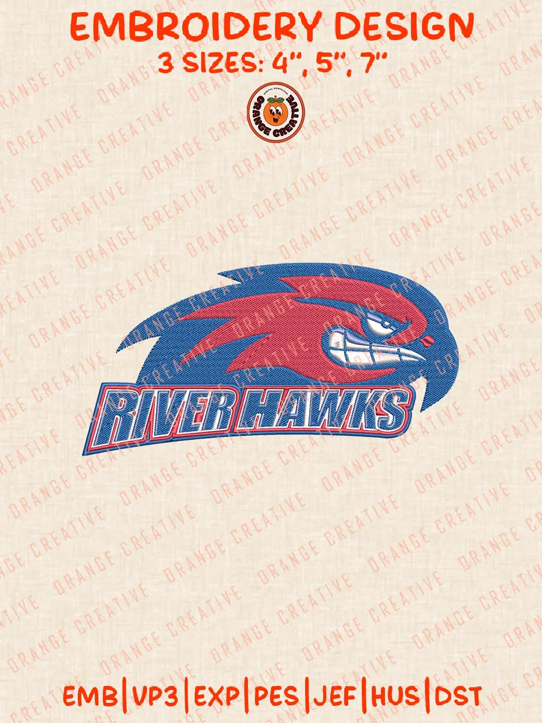 River Hawks Logos Embroidery Design Files, NCAA UMass Lowell River Hawks Logos Embroidery Designs, Machine Embroidery Files, 4 Sizes, Custom Sizes