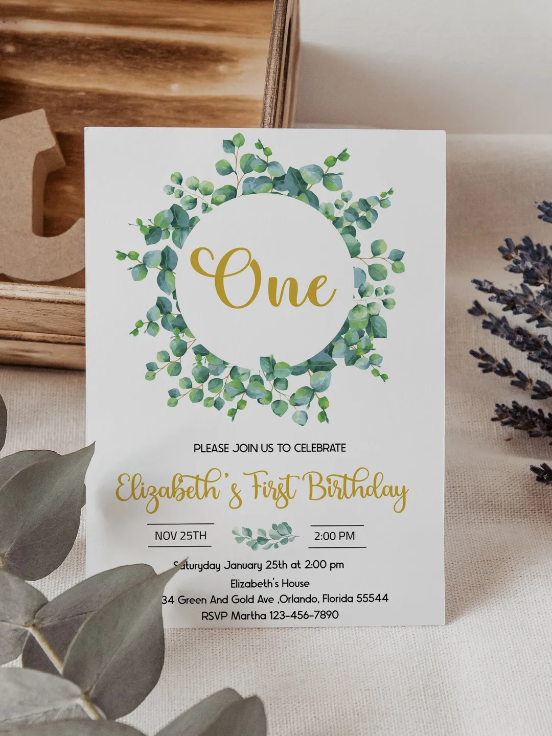 Greenery First Birthday Invitation, Gold Wreath, Eucalyptus (Digital Download Template)
