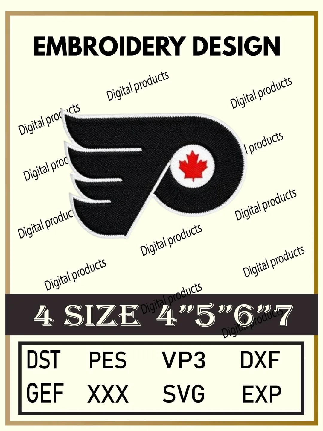 Maple Leaf Embroidery Design Digital Logo Pattern with Wing Shape and Circular Center for Machine Embroidery Projects in Four Sizes with Multiple Compatible Formats Including DST, PES, VP3, DXF, GEF, XXX, SVG, EXP