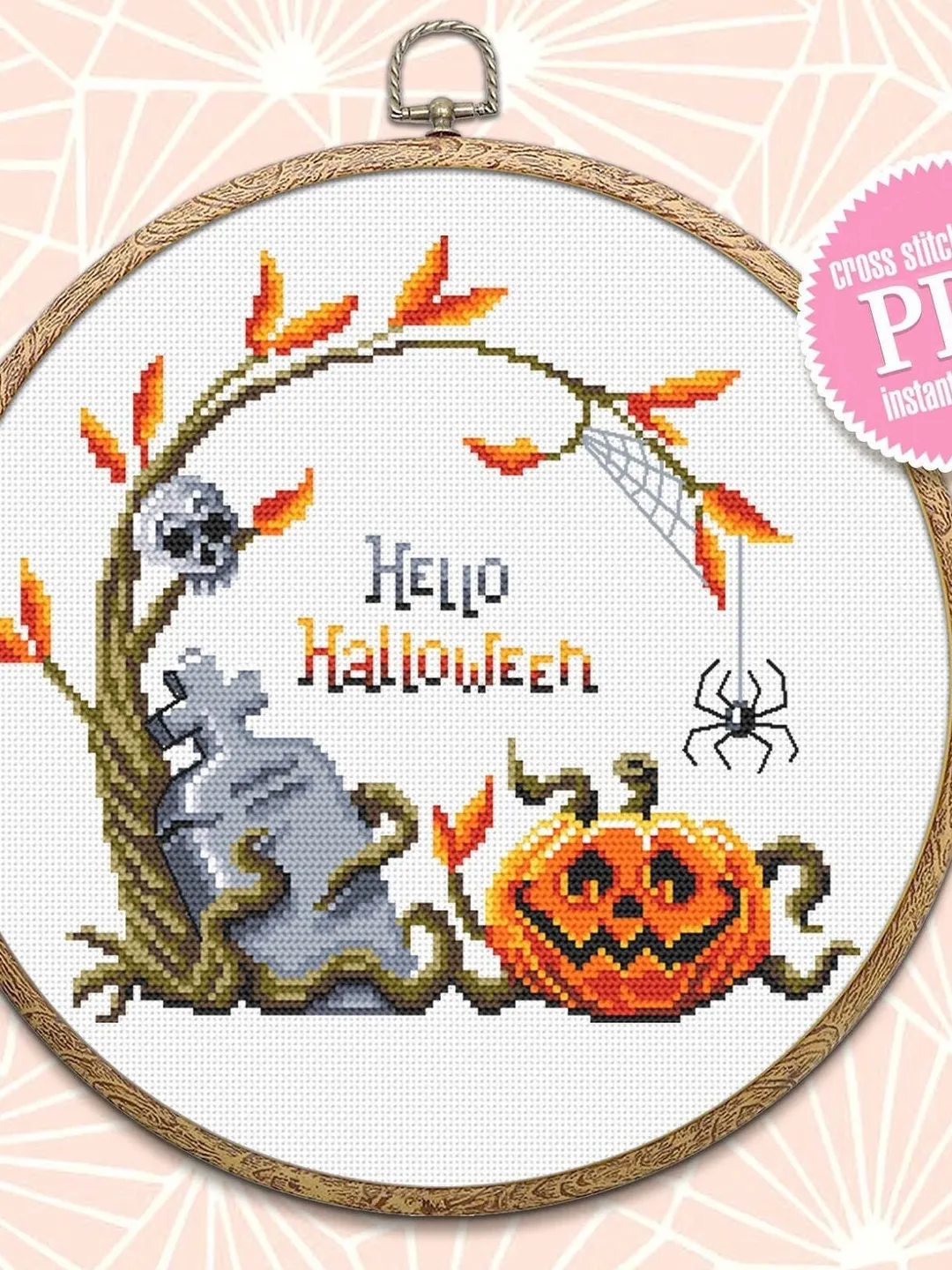 Hello Halloween cross stitch pattern download PDF Pumpkin cross stitch chart, Spooky Halloween pattern digital PDF Fall beginner stitch #H48