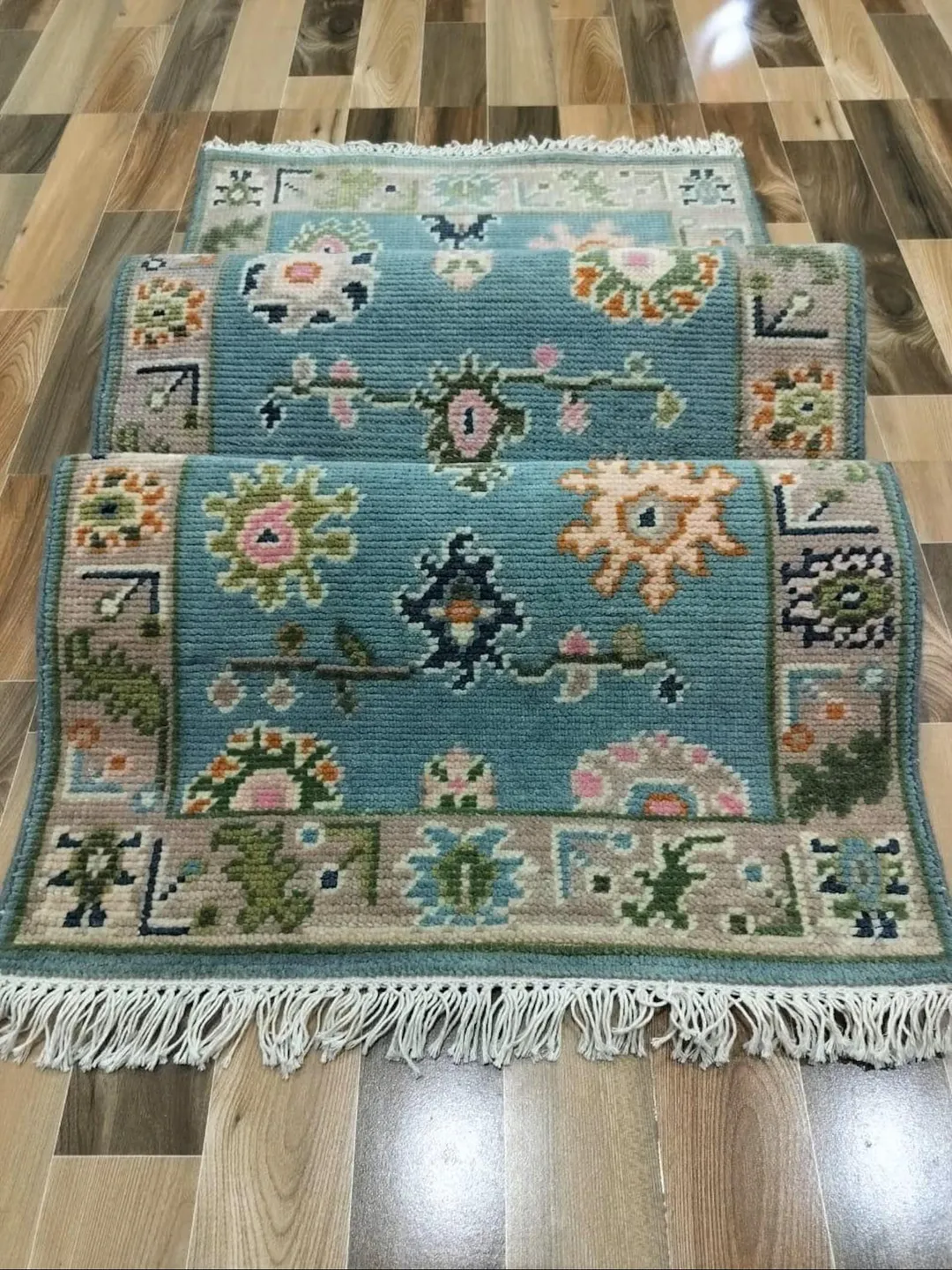 Hand Knotted Wool Runner Rug – Pastel Blue Floral Oushak Style