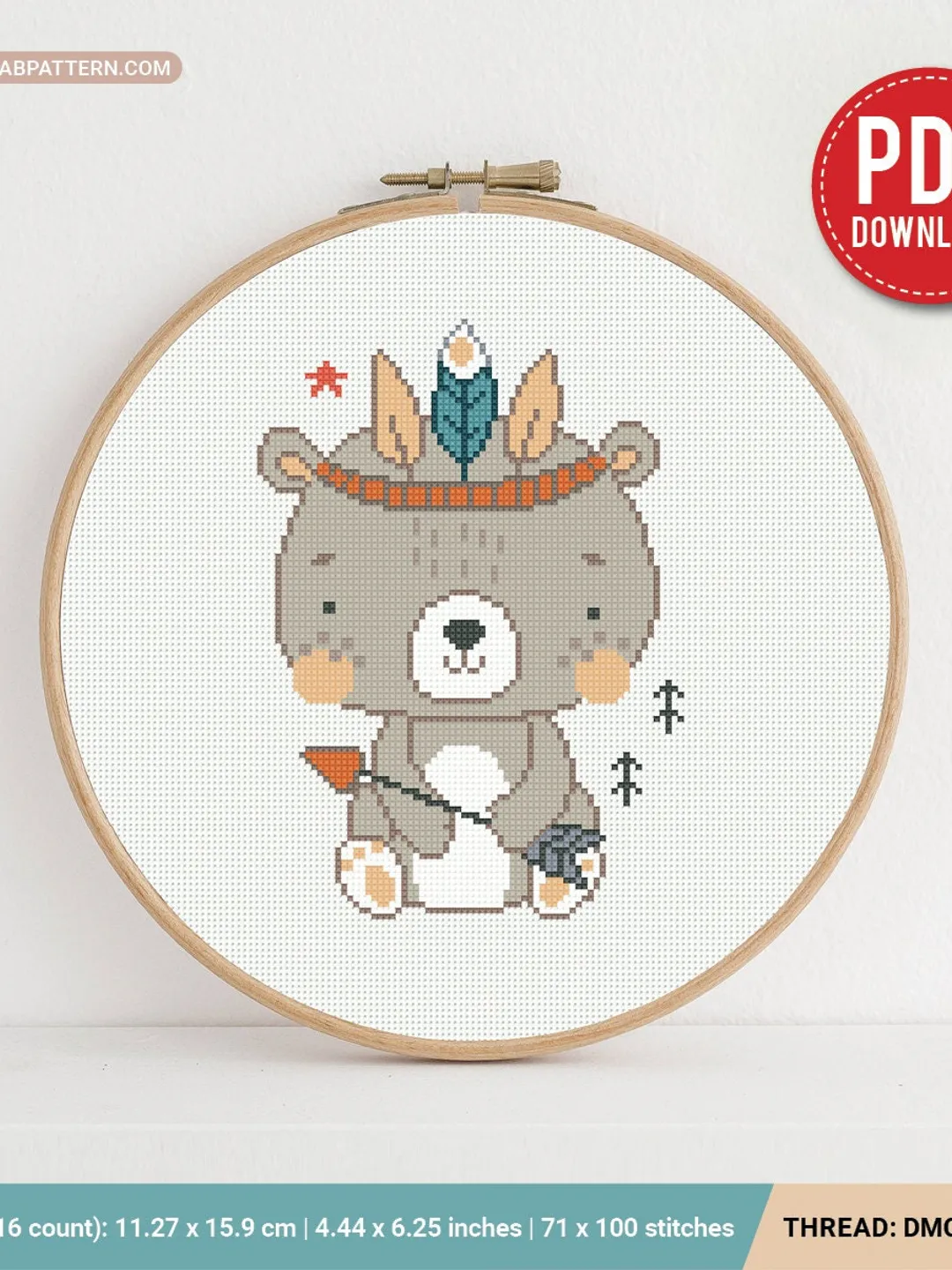 Bear Boho Style aesthetic mini cross stitch pattern, baby, animal, boy girl nursery decor, counted, chart, gift DIY, embroidery, instant PDF