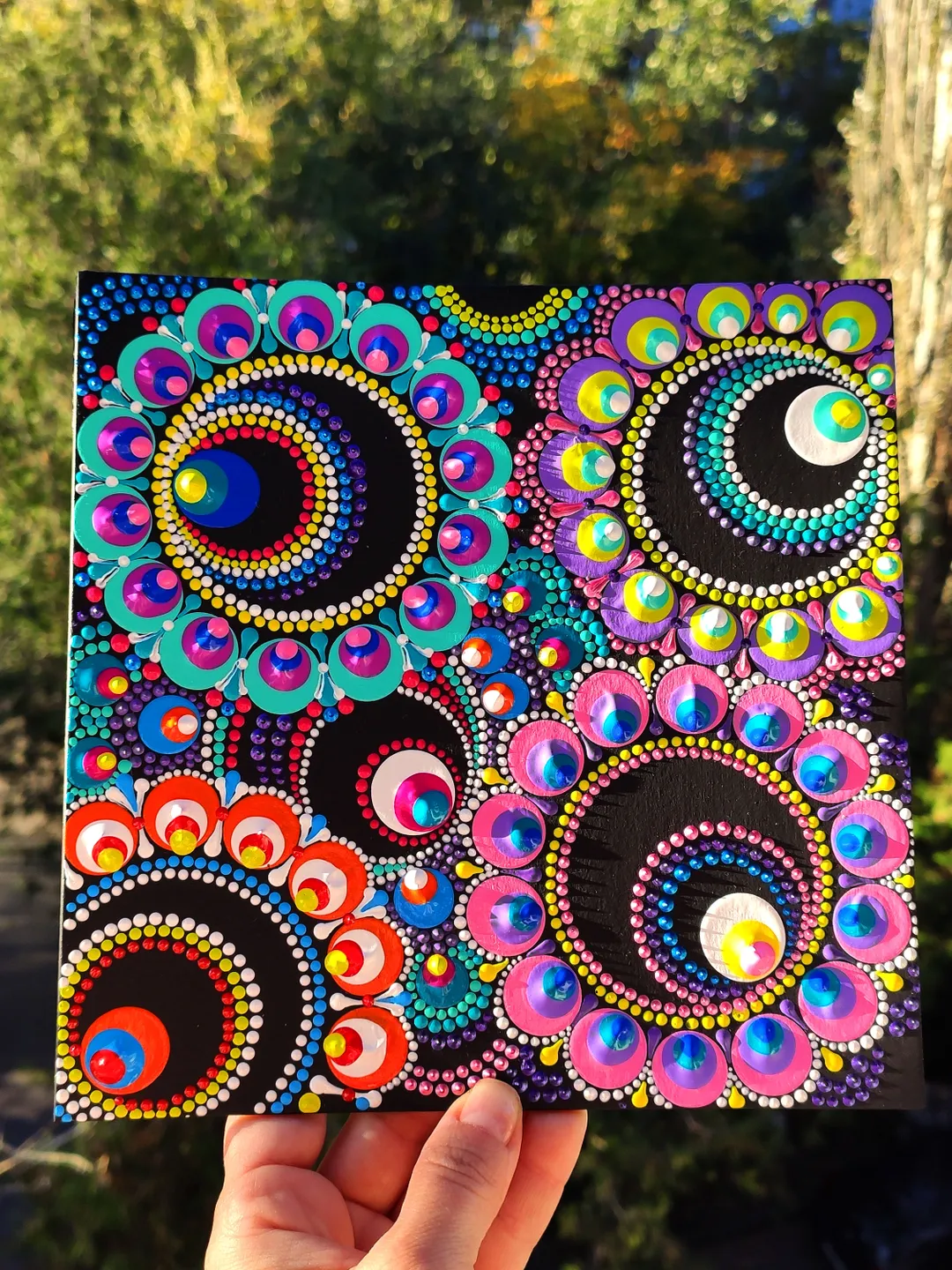 Floral Dot Painting Acrylic Original Art Abstract Flowers Artwork 20 by 20 cm / 8 by 8''