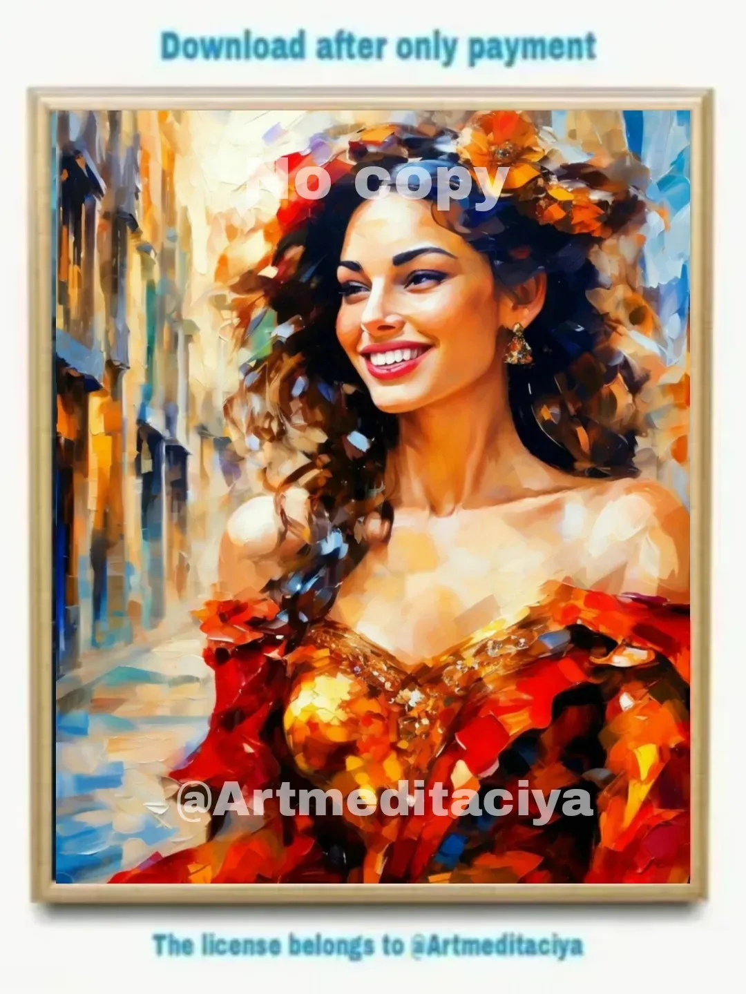 Digital abstract painting "Playful Carmen" in the style of oil painting with a palette knife on an abstract urban background of Barcelona. This is an image of a dynamic smiling Spanish brunette in a red neckline with a gold decoration with a red flower