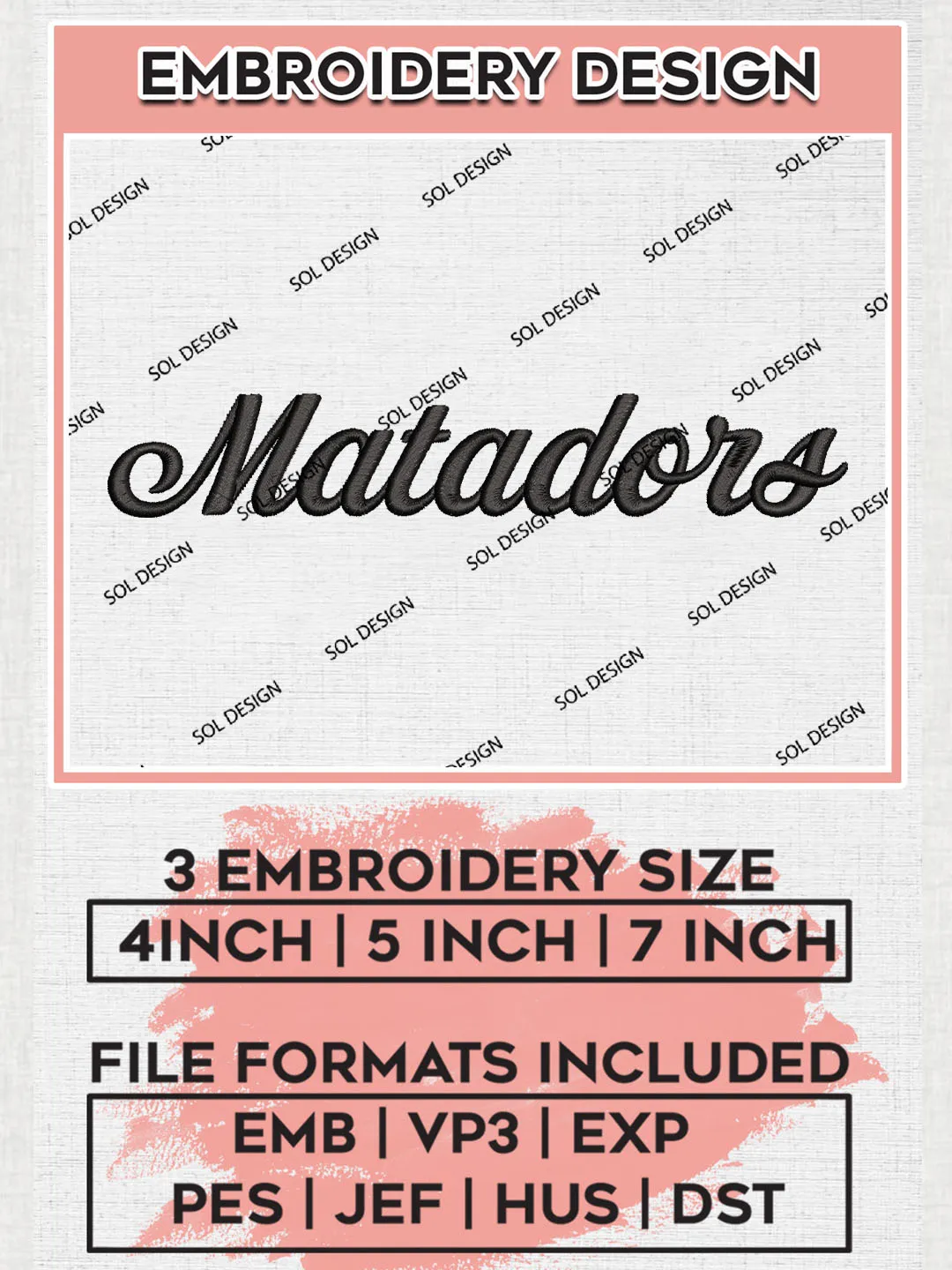 NCAA Matadors Football Team Word Logo Embroidery Design Files, NCAA Cal State Northridge Matadors Machine Embroidery, NCAA Teams, Game Day, 3 sizes, NCAA Machine embroidery designs, Digital Download