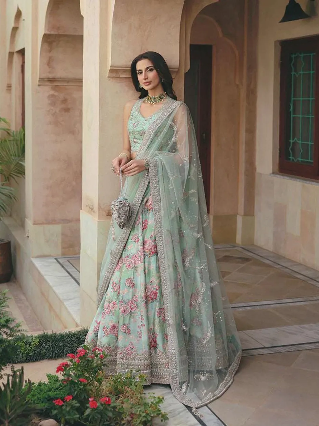 Rosabelle Sea Green Silk Lehenga Choli, Hand Embroidered Floral Lehenga Set.