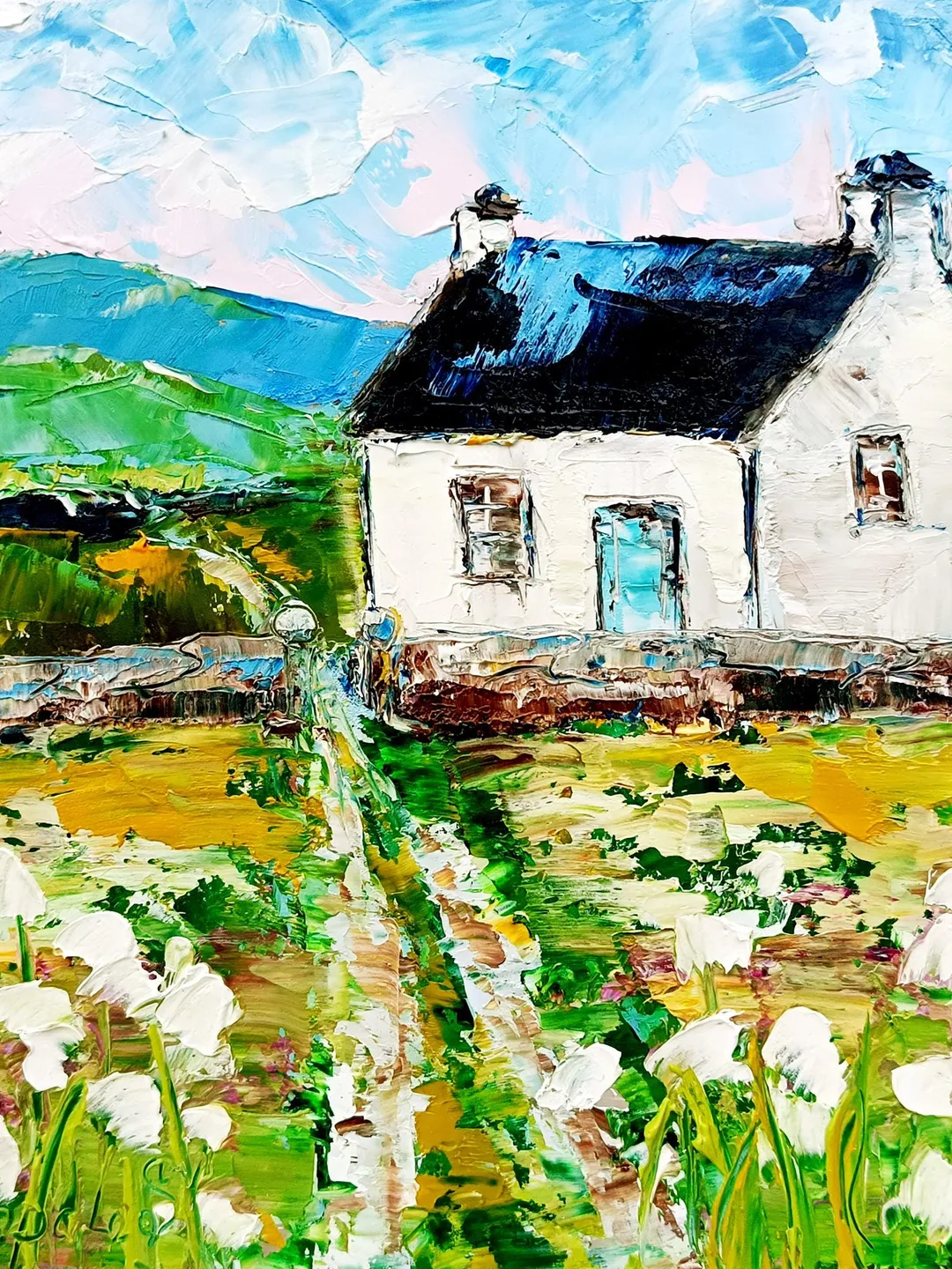 Ireland Painting White Cottage Original Art Abstract Landscape Impasto Oil Painting Small Gifts Cheap Original Art Gifts by ArtProkopaloSv