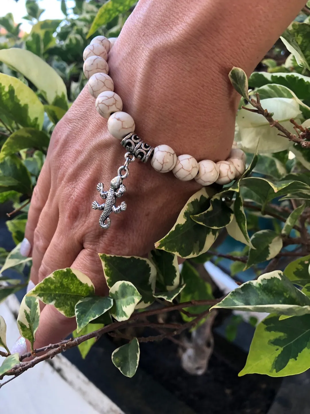 Gekkon White Beige Howlith Bracelet Women | Bali Gekko Bracelet | Handmade White Lizard Bracelet | Beads Jewerly | Handmade Jewerly Womene