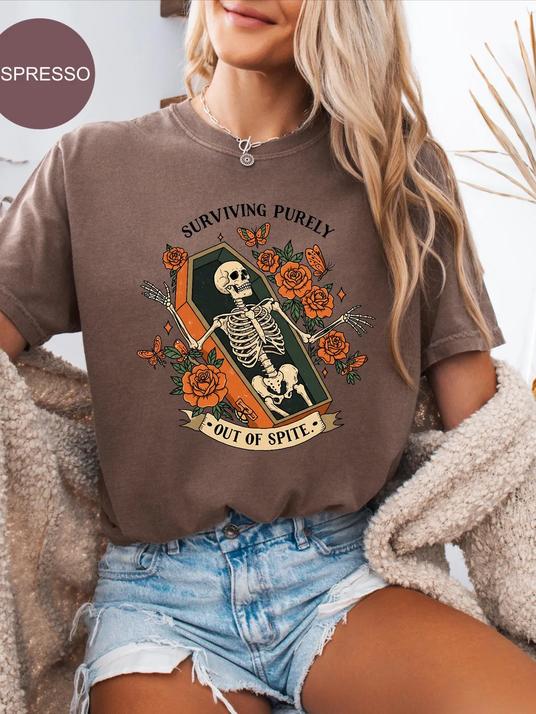 Comfort Colors® Surviving Purely Out Of Spite Shirt, Funny Goth Celestial Skeleton Shirt, Gothic Boho Tshirt, Celestial Woman gift shirt