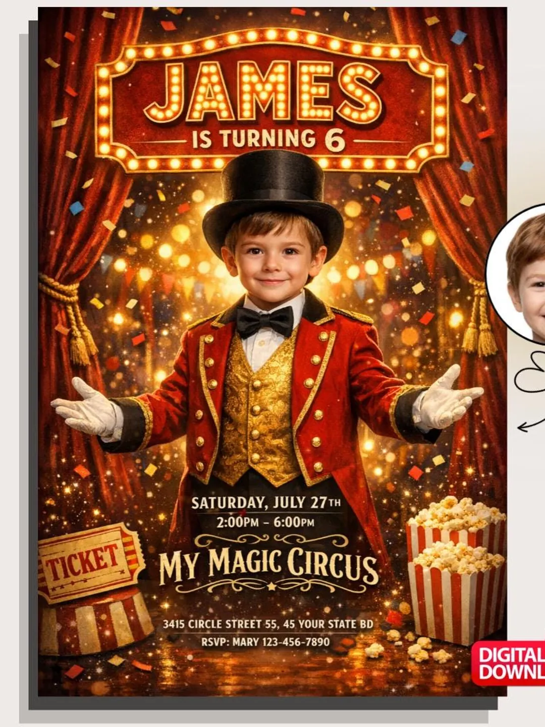 Circus Birthday Invitation, Magic Show Party Invite, Custom Photo Kids (Digital Download)