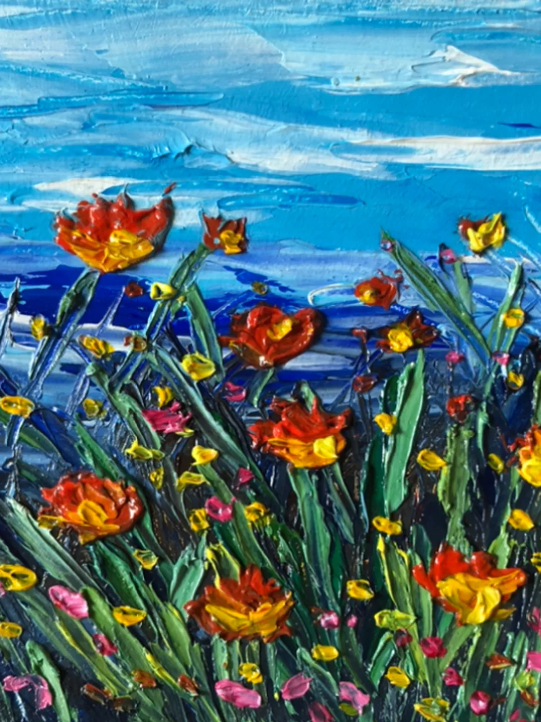 Poppy field small painting impasto wall art Original oil painting 4x4 inches