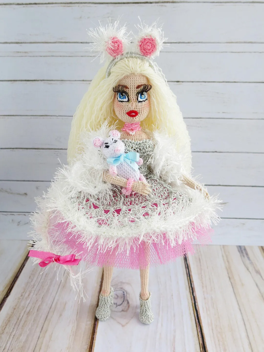 Valentine's Day doll Crochet cotton doll Gift for her mom Stuffed doll for girls Doll in a mouse suit with a little cute toy for baby doll