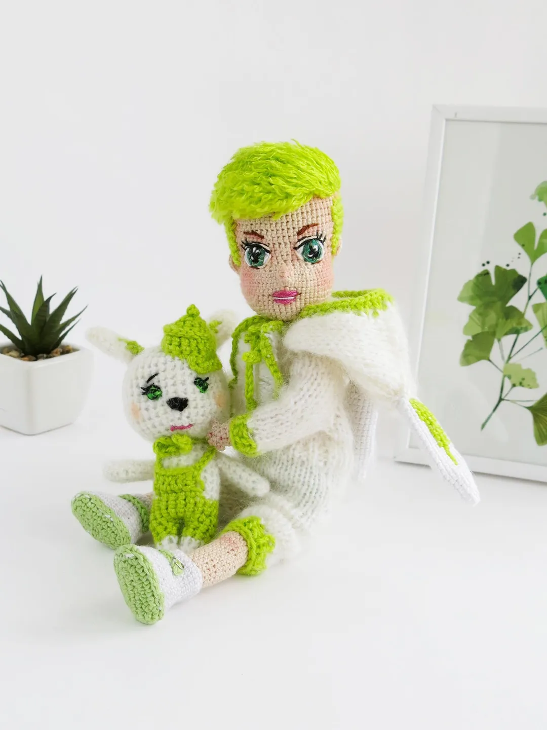 BUNNY BOY DOLL, Boy in Bunny Suit Crochet, Natural Bunny Toys, White and Light Green Amigurumi Rabbit, Plush Cute Rabbit, Boyfriend Gift