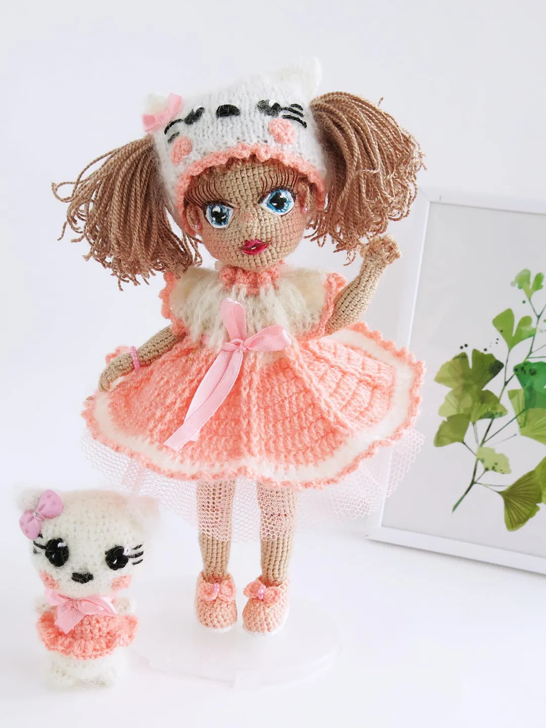 KITTEN DOLL, Crochet Pattern Cat, Organic Baby Toys, White and Peach Crochet Kitten Amigurumi Cat, Plush Cute Kitten Cat, Goddaughter Gift