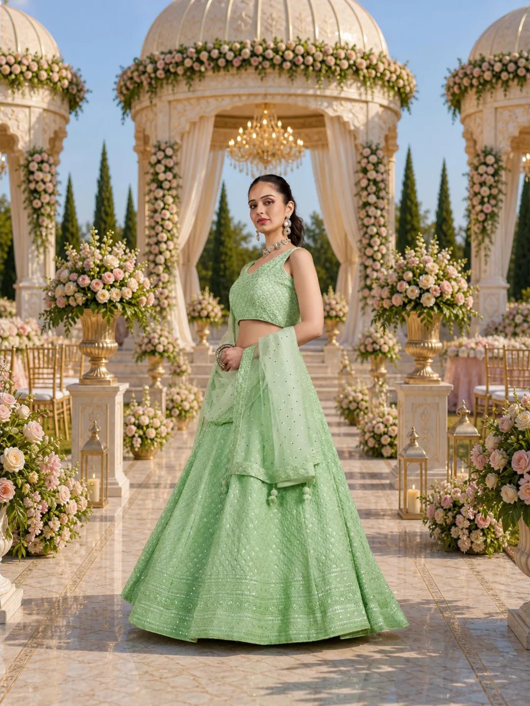 Pista Georgette Ready To Wear Lehenga Choli: Indian Wedding Wear with Sequins