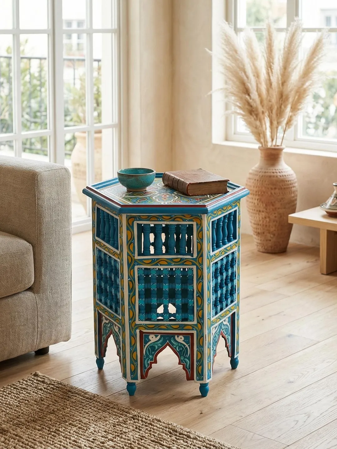 Hand Painted Moroccan Hexagon Table – Boho Wooden Plant Stand