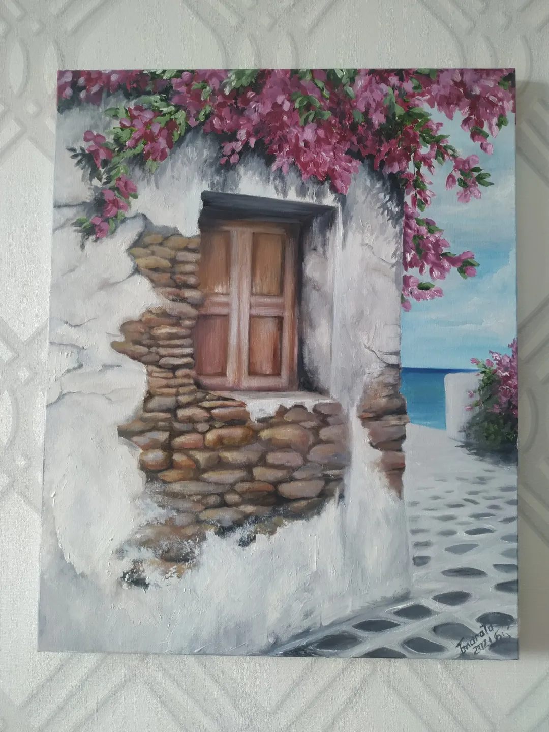 Original Oil Painting into interior "Greek window". Landscapes of Greece, Santorini. Oil on canvas. Gallery stretch 19,7” x 15,7”
