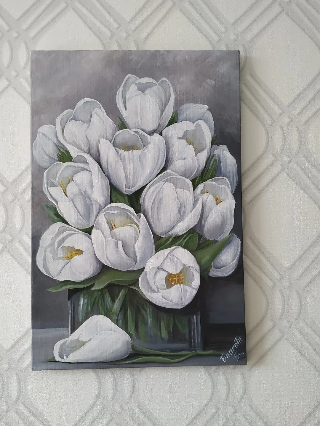 Bunch of white tulips painting. Original art flowers acrylic painting. Abstract florals on stretched canvas. 23.62*15.75 inches