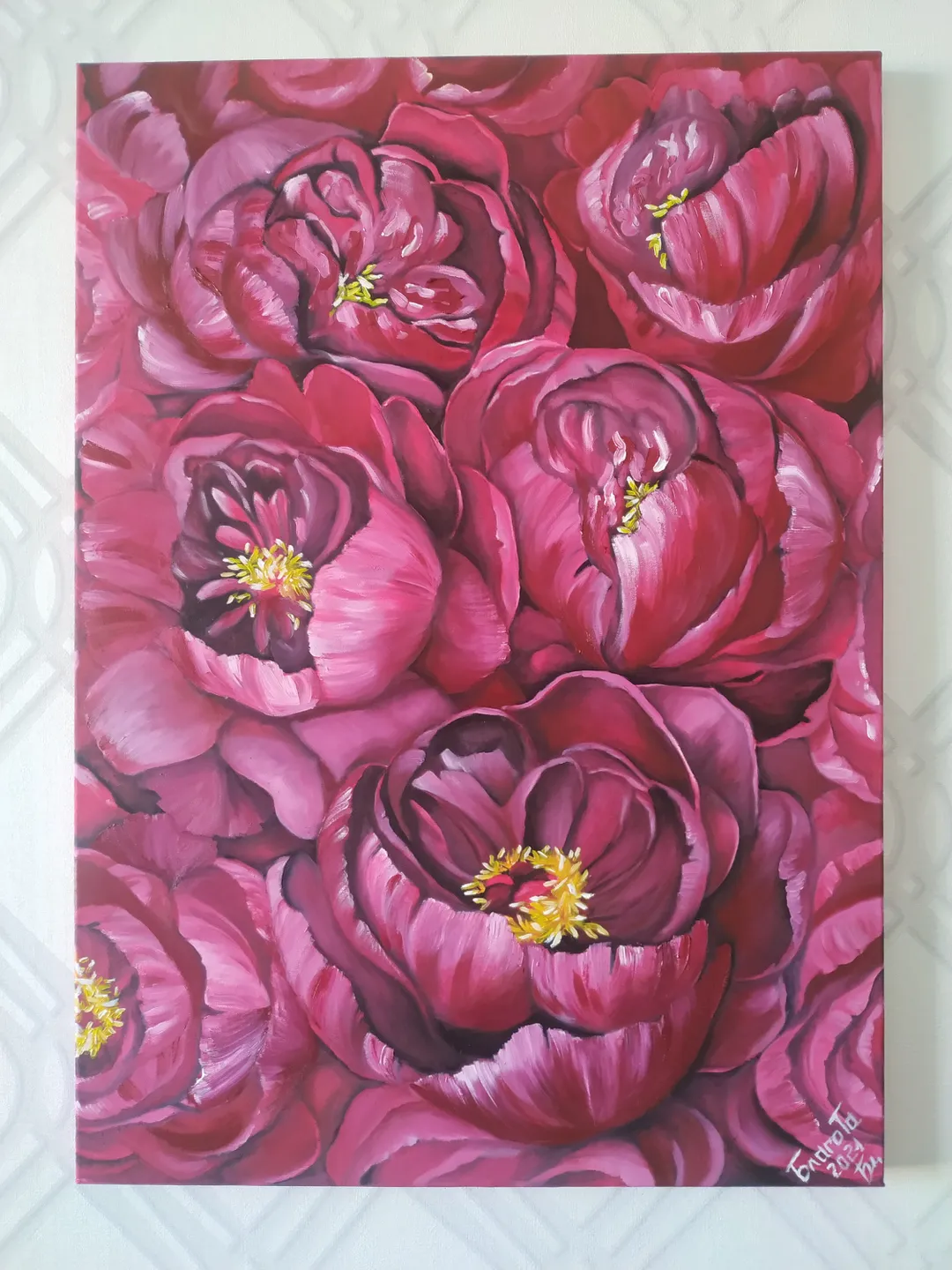 Carmine (Pink) Peonies, original floral oil painting on stretched linen canvas into interior. 19.6 x 27.5 inches