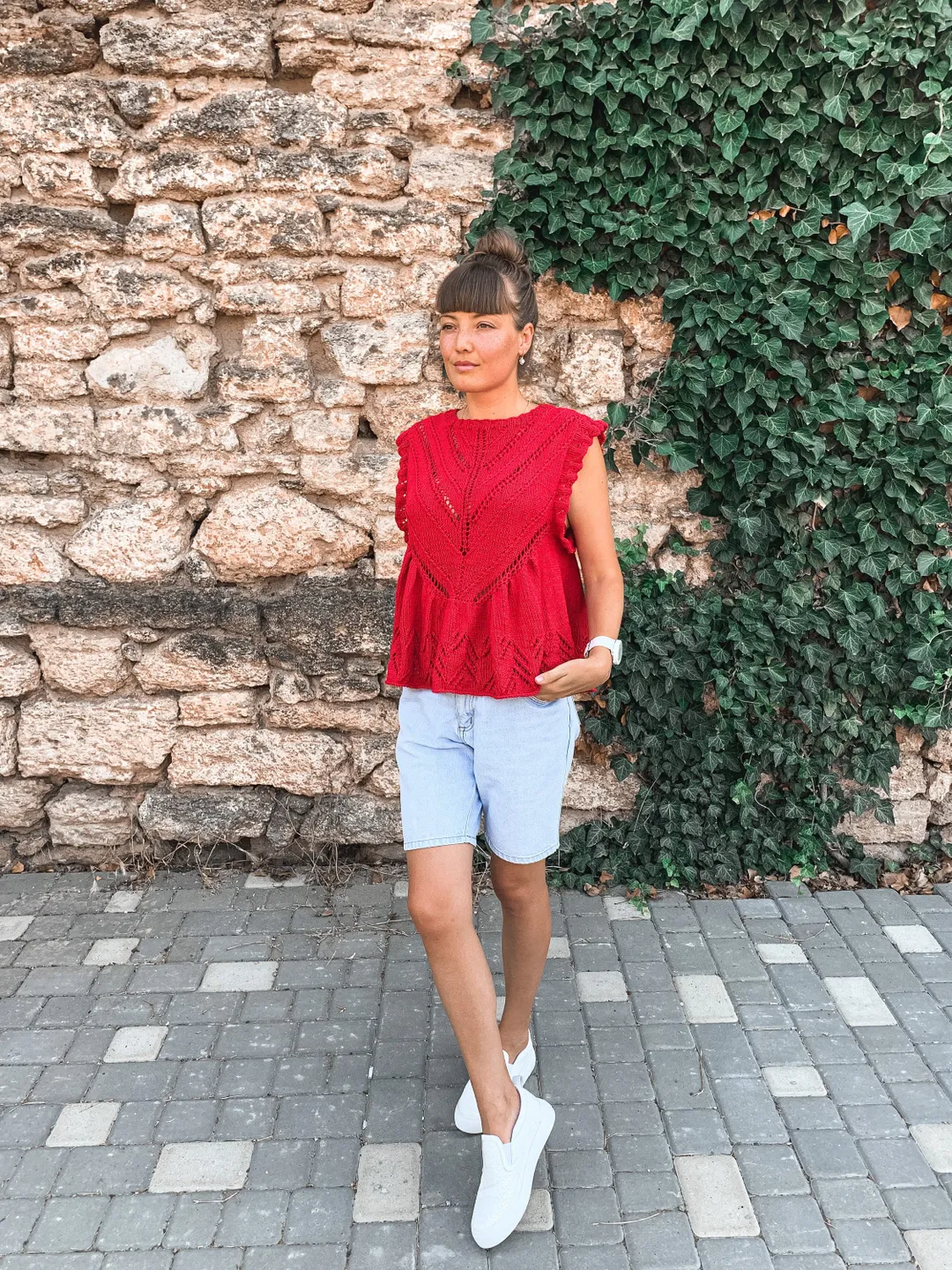 Knitted crop top, Ruffle sleeve crop top, Women Knitted Blouse Red, Vintage crochet short sleeve knit top
