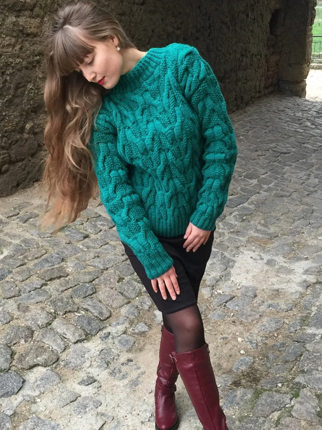 Cable knit sweater, Women Wool Knitwear, UNISEX Turtleneck Pullover, Boho knit green  sweater, Minimalist Plain Knit Sweater