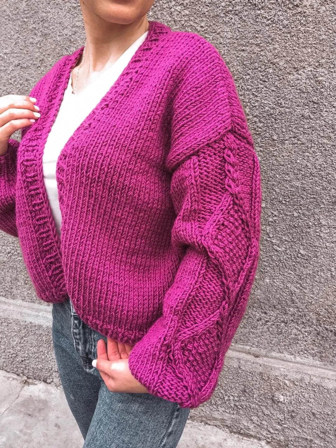 Woolen  knitted cardigan, Chunky knit sweater, Hand knitted brown gray white black wool, M and m bubbles, Oversize cardigan for women