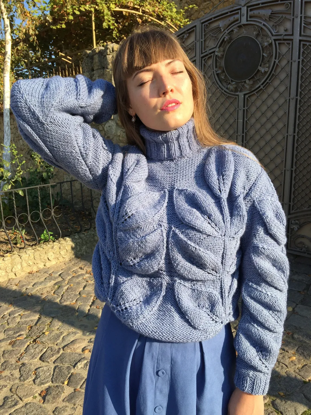 Cable knit sweater, Chunky knit sweater, Cozy knit sweater, Sweater with leaves, Sweater vest women