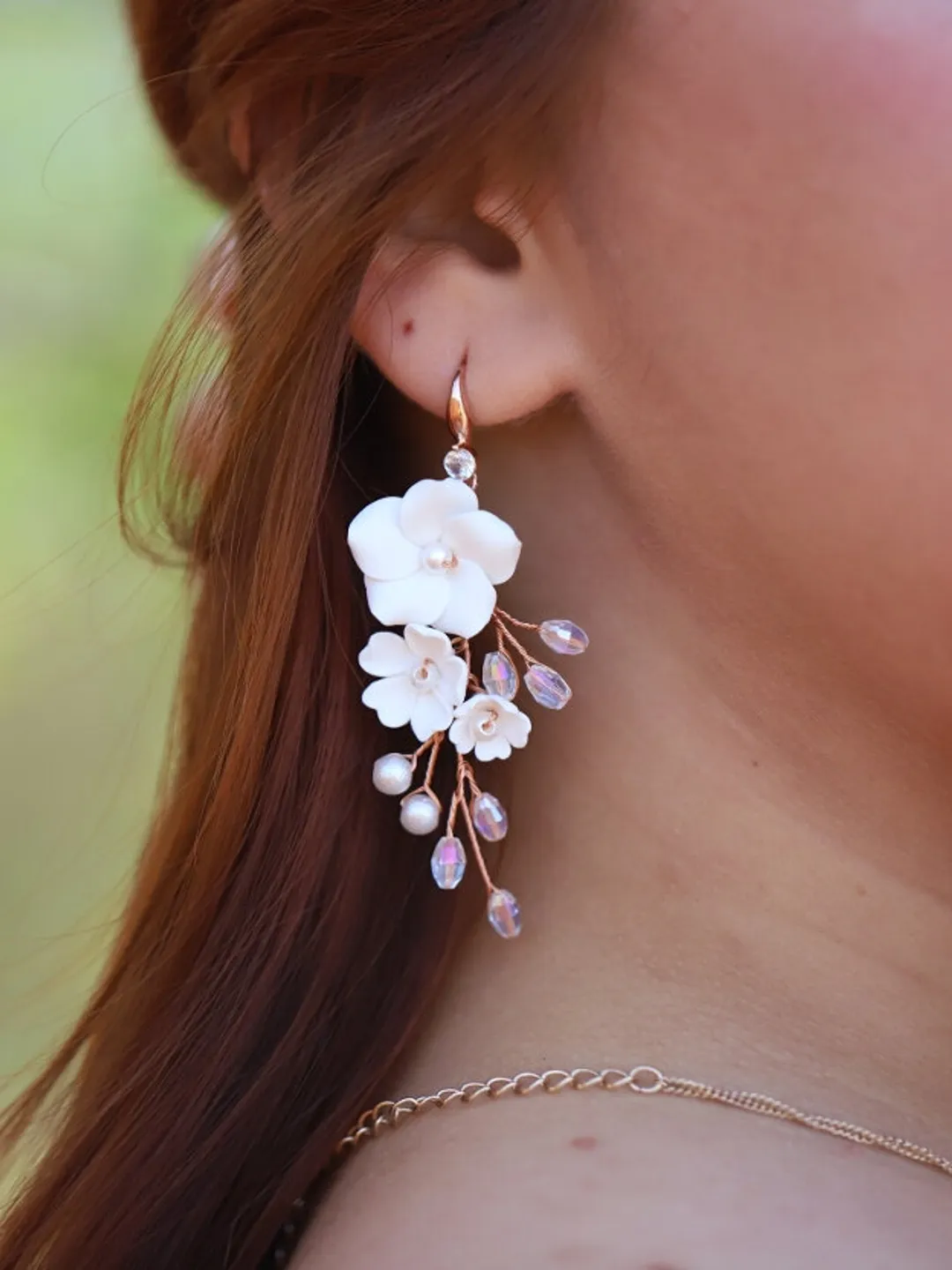 Rose Gold Polymer Clay Flowers Long Boho Wedding Earrings, Swarovski Crystal Statement Pearl Bridal Earrings, Floral Wedding Jewelry Set