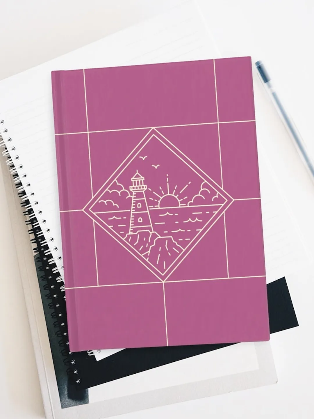 Line LightHouse Beach Minimalist Modern Notebook Raspberry Color Journal - Ruled Line