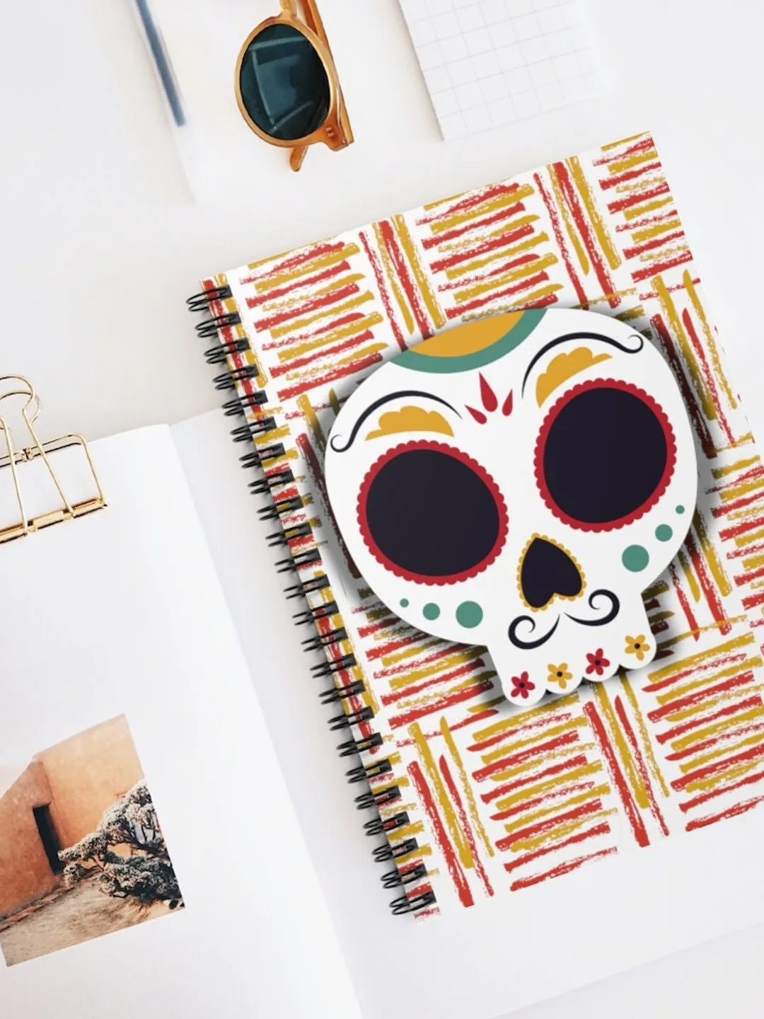 Dia de Los Muertos Inspired Journal Colorful Skull Chalky Background Spiral Notebook - Ruled Line