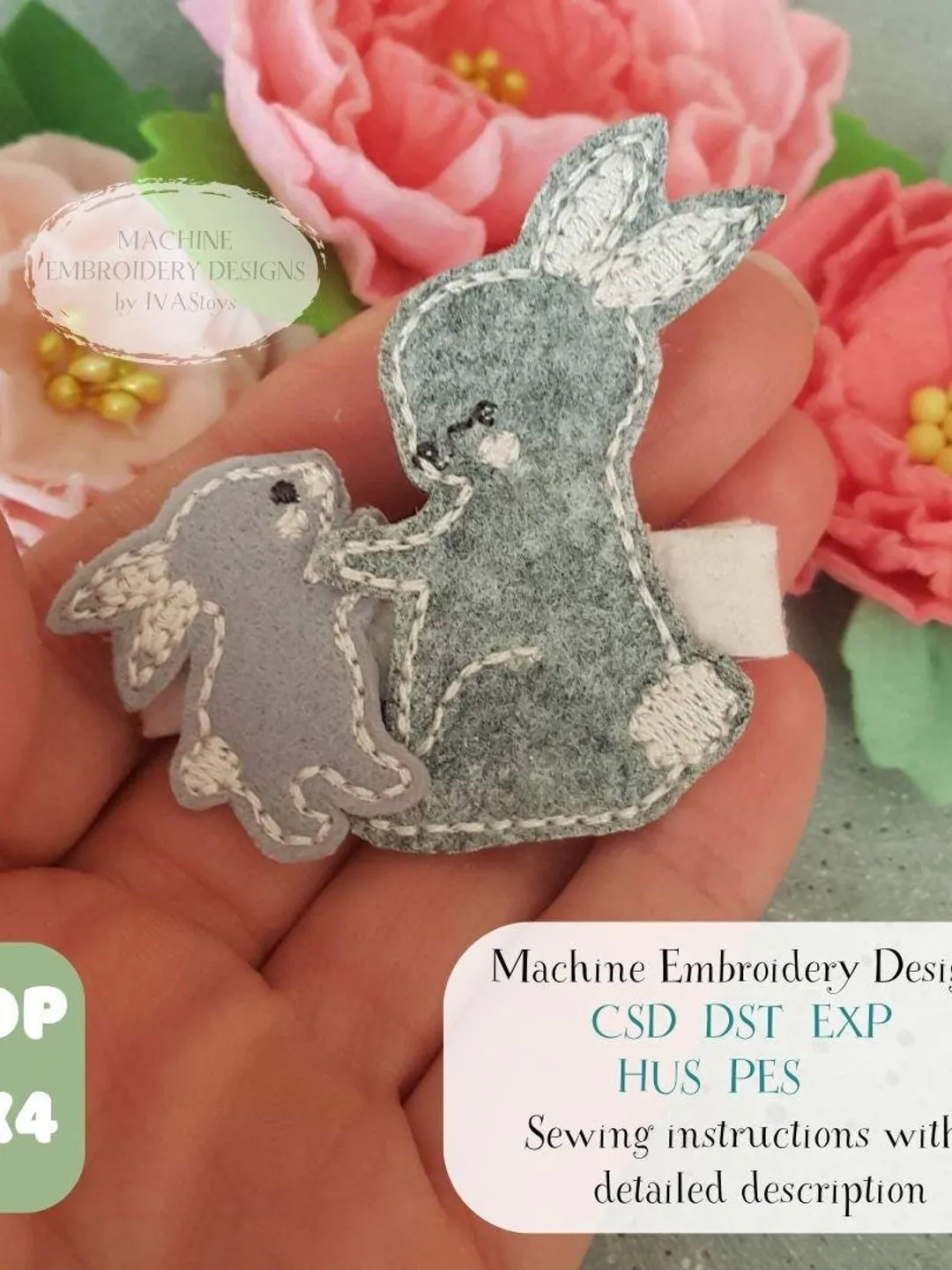 ITH Mama Bunny with Baby Hair Clip Design & PDF Tutorial, Felt Rabbit Family Hair Bow Pattern, 4x4 Hoop DIY File