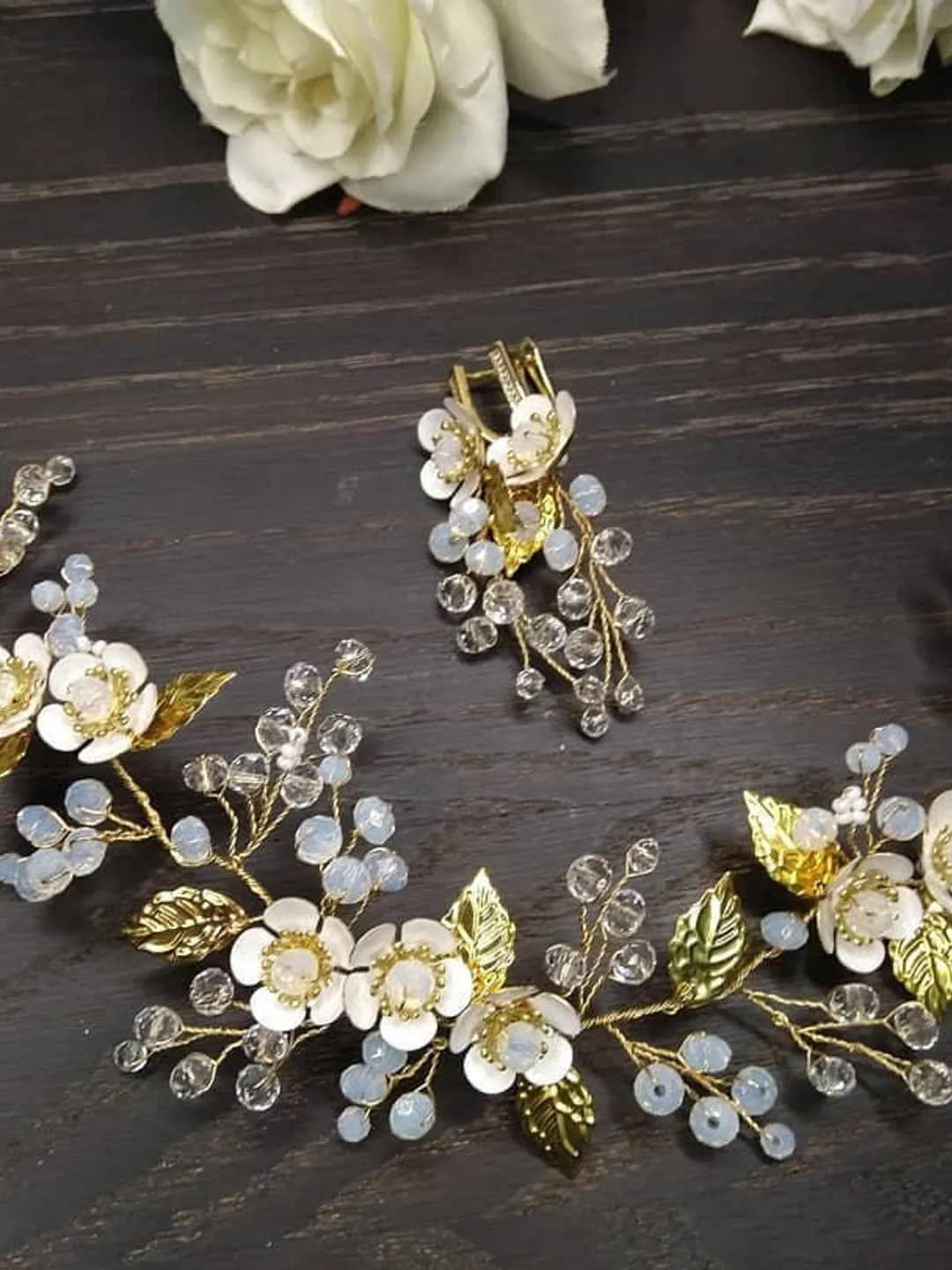 Wedding hair jewelry for bride, bridal hair vine, wedding hair vine and earrings, gold hair vine, floral hair vine,  bridal tiara