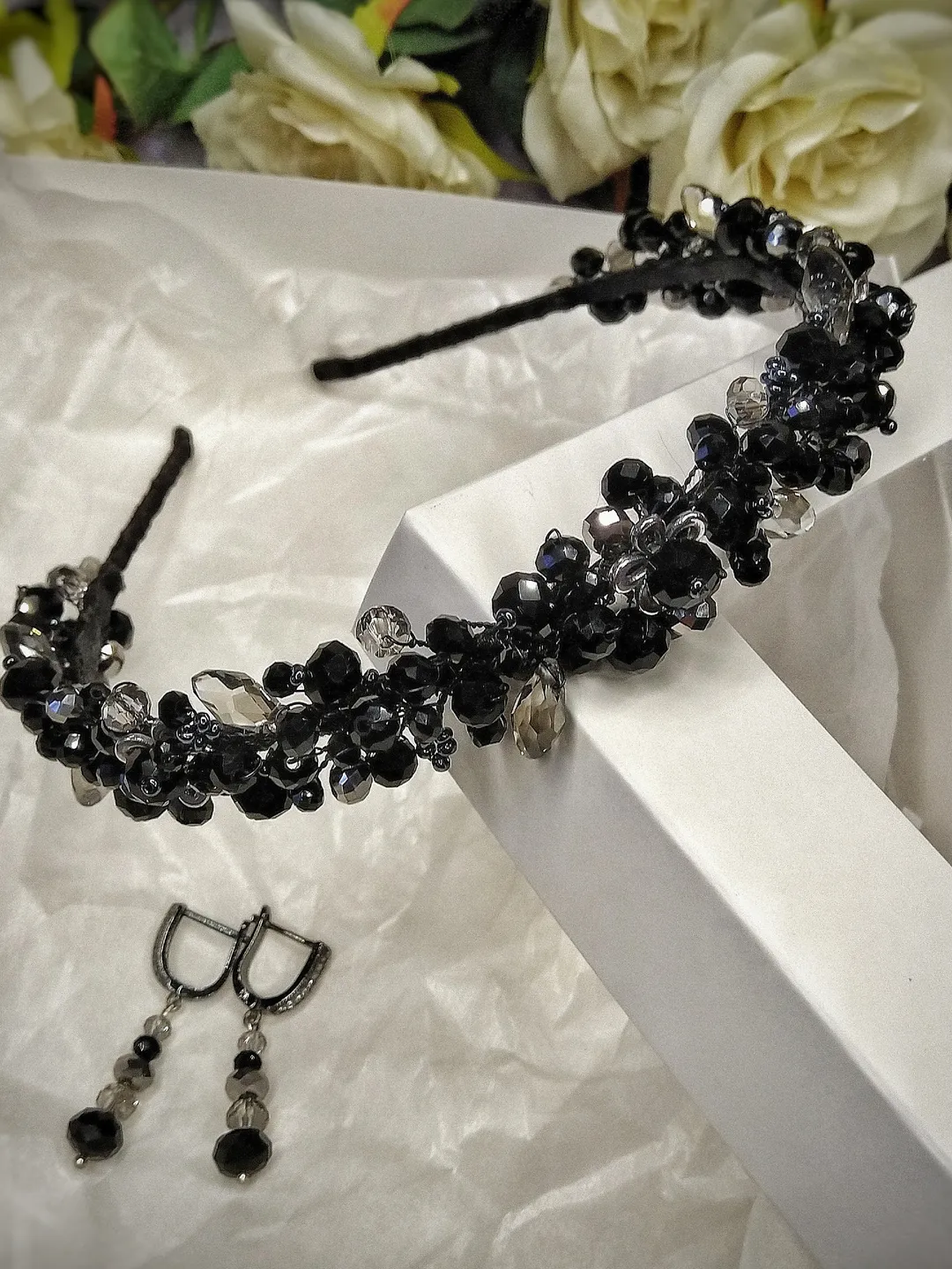 Black jewelry set for woman Black tiara for bride bridal tiara crown Small bridal tiara Black crown bridesmaidsBlack tiara Black earrings