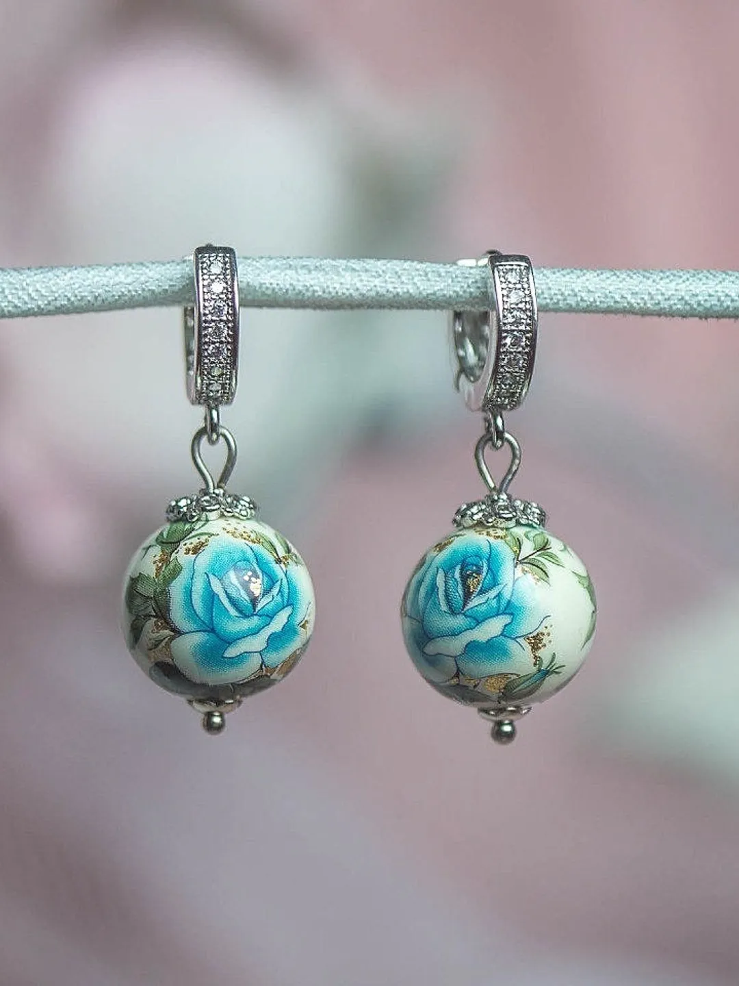Blue Flower Bead Earrings, Cute earrings, Huggie hoop earrings, weird earrings, Cool earrings, small hoop earrings, Hypoallergenic earrings