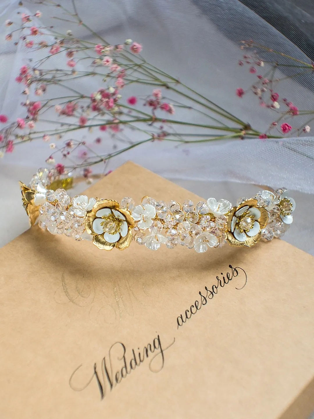 Gold small tiara for bride, Bridal floral band, Wedding tiara for bride, Floral crystal crown, Wedding pearl tiara, Crystal bridal tiara