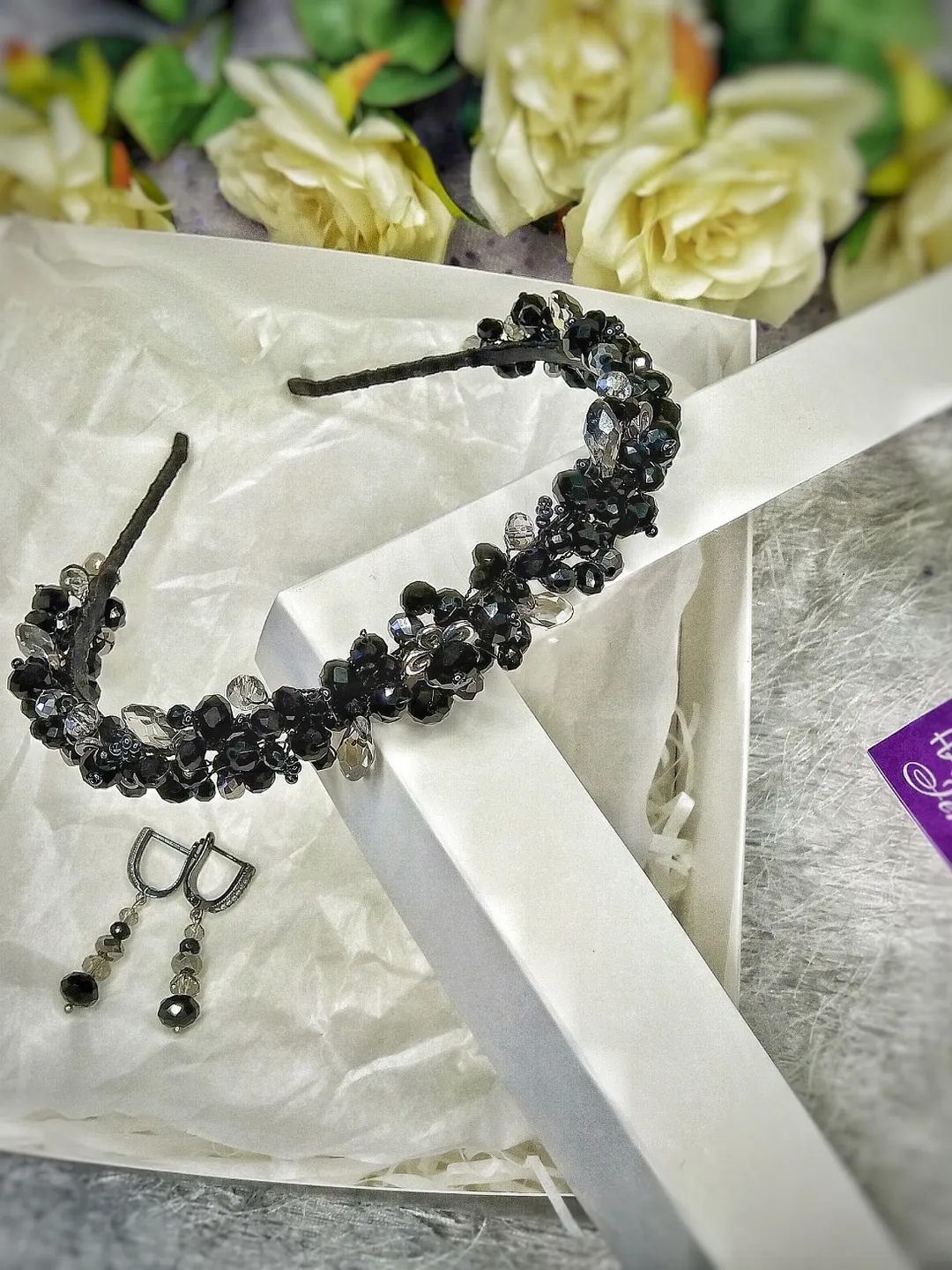 Black jewellery hair set, Black tiara for bride, bridal tiara crown, elegant wedding tiara, thin hair band for girl, black earrings