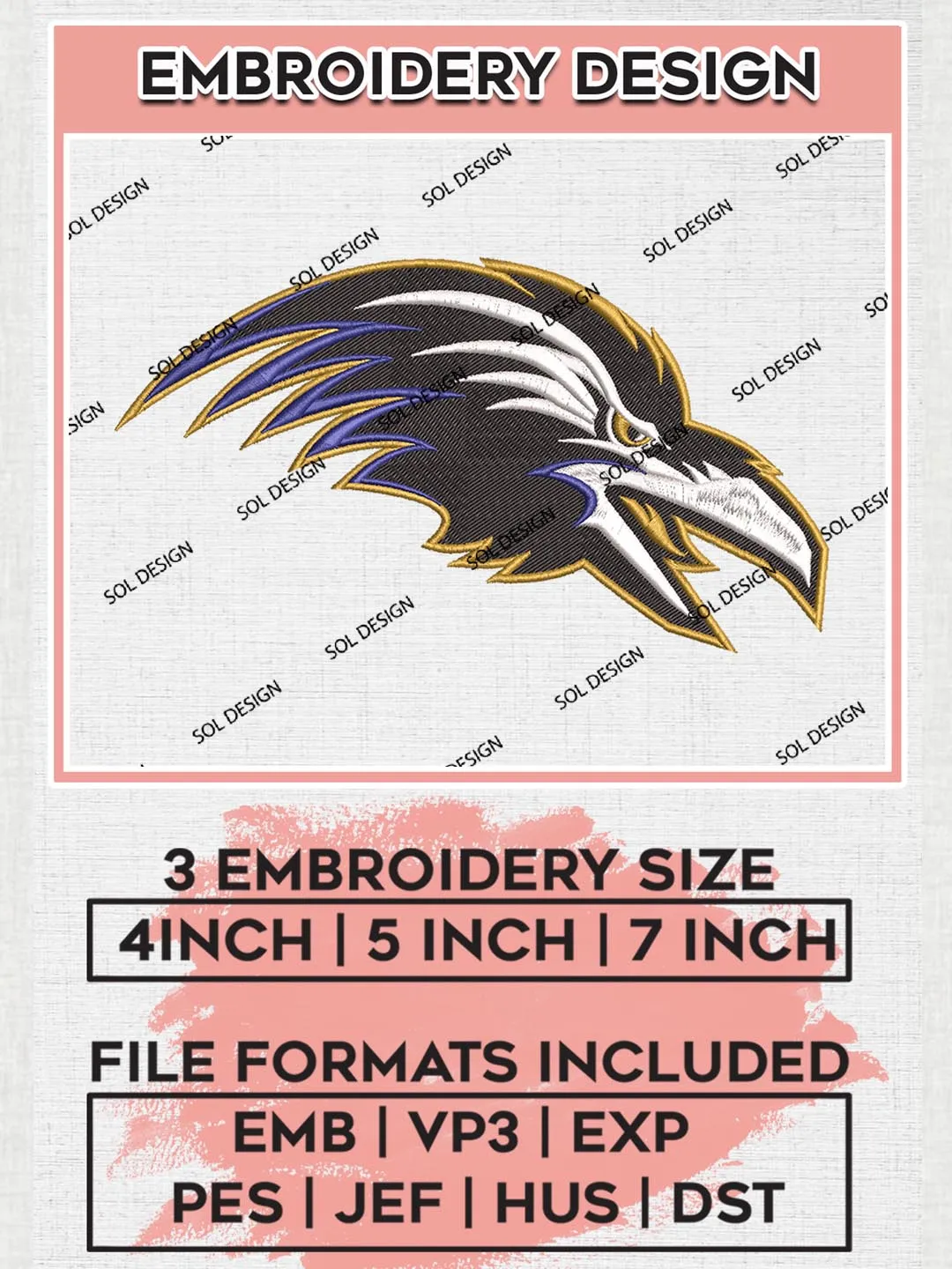NFL Baltimore Ravens Mascot Embroidery Design Files, NFL Ravens, NFL Embroidery Designs, NFL Baltimore Ravens Machine Embroidery Design, Digital Download