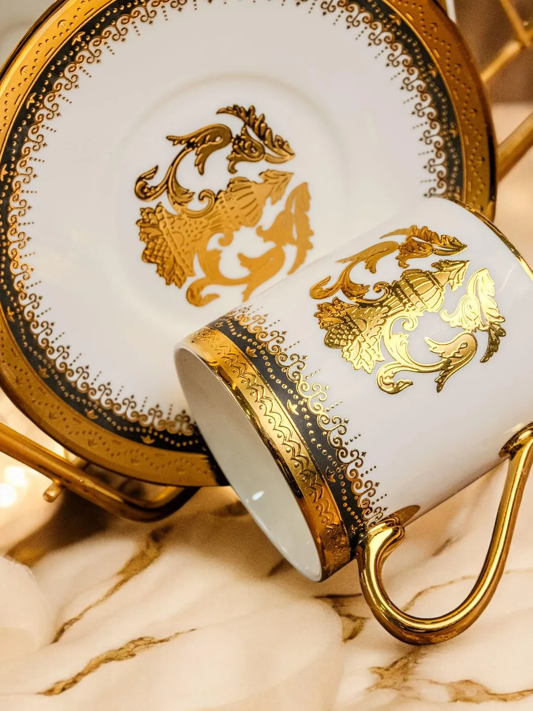 14K Genuine Gold Powder Porcelain Tea Cups And Saucers | Tea Cups Saucers Set | Gold Porcelain Set | Elegant Teaware | Gift For Tea Lovers