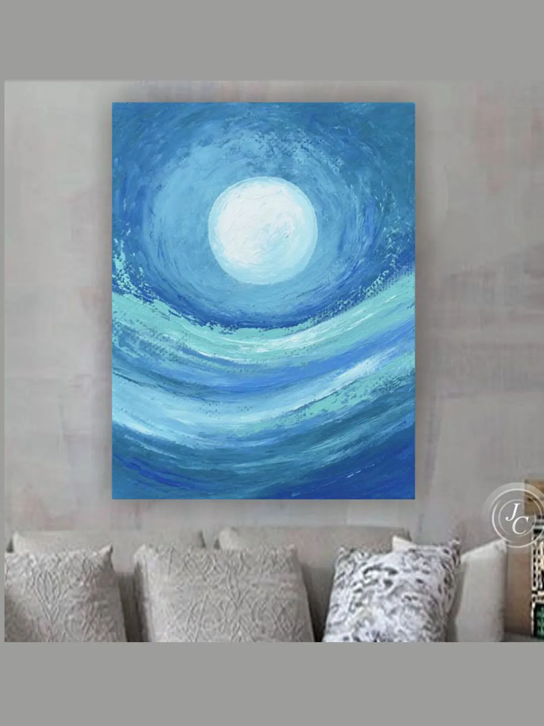 Moon Painting Blue Turquoise Abstract Wall Art on Canvas | Abstract Mountain landscape oil painting