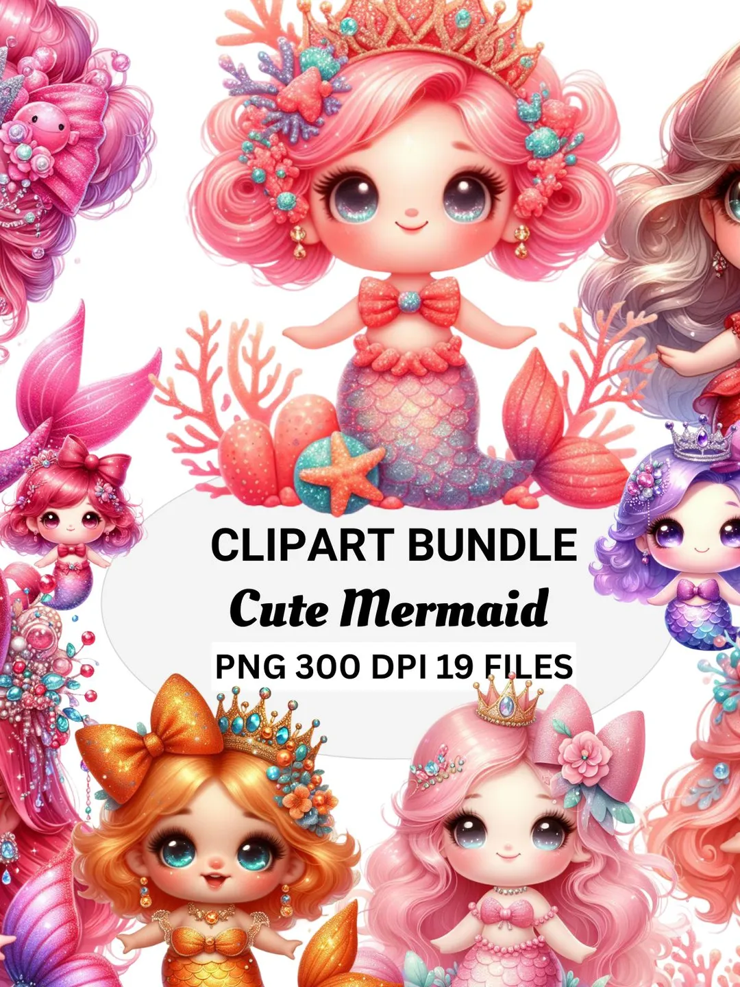 Watercolor Mermaid Clipart Bundle: Fantasy Ocean PNG Graphics