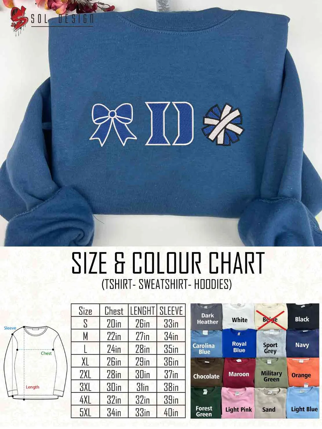 Duke Blue Devil Cheer Poms Bow Embroidered Sweatshirt, Football Embroidered Sweatshirt, Sport Game Day Cheerleader Shirt, Embroidered Hoodie, Unisex Crewneck, College Football Team Fan Gift Tee