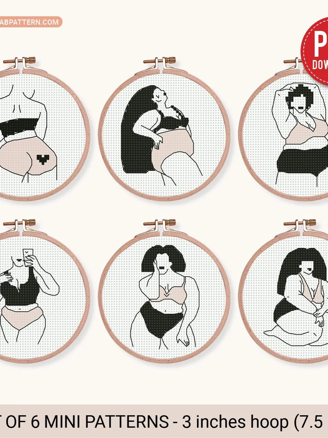Bundle of 6 mini woman body art Cross stitch patterns, contemporary ...