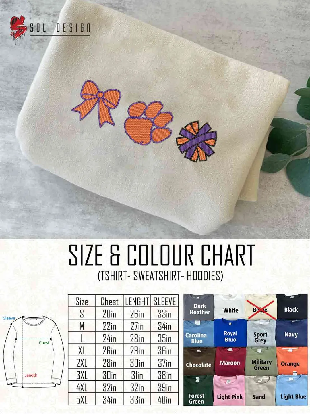 Clemson Tiger Cheer Poms Bow Embroidered Sweatshirt, Football Embroidered Sweatshirt, Sport Game Day Cheerleader Shirt, Embroidered Hoodie, Unisex Crewneck, College Football Team Fan Gift Tee