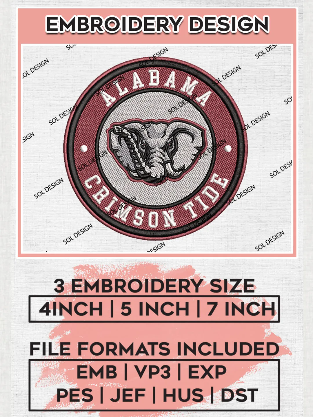 NCAA Alabama Crimson Tide Round Logo Embroidery, NCAA Alabama Crimson Tide Logo Embroidery files, NCAA Teams, Machine embroidery designs, Digital Download