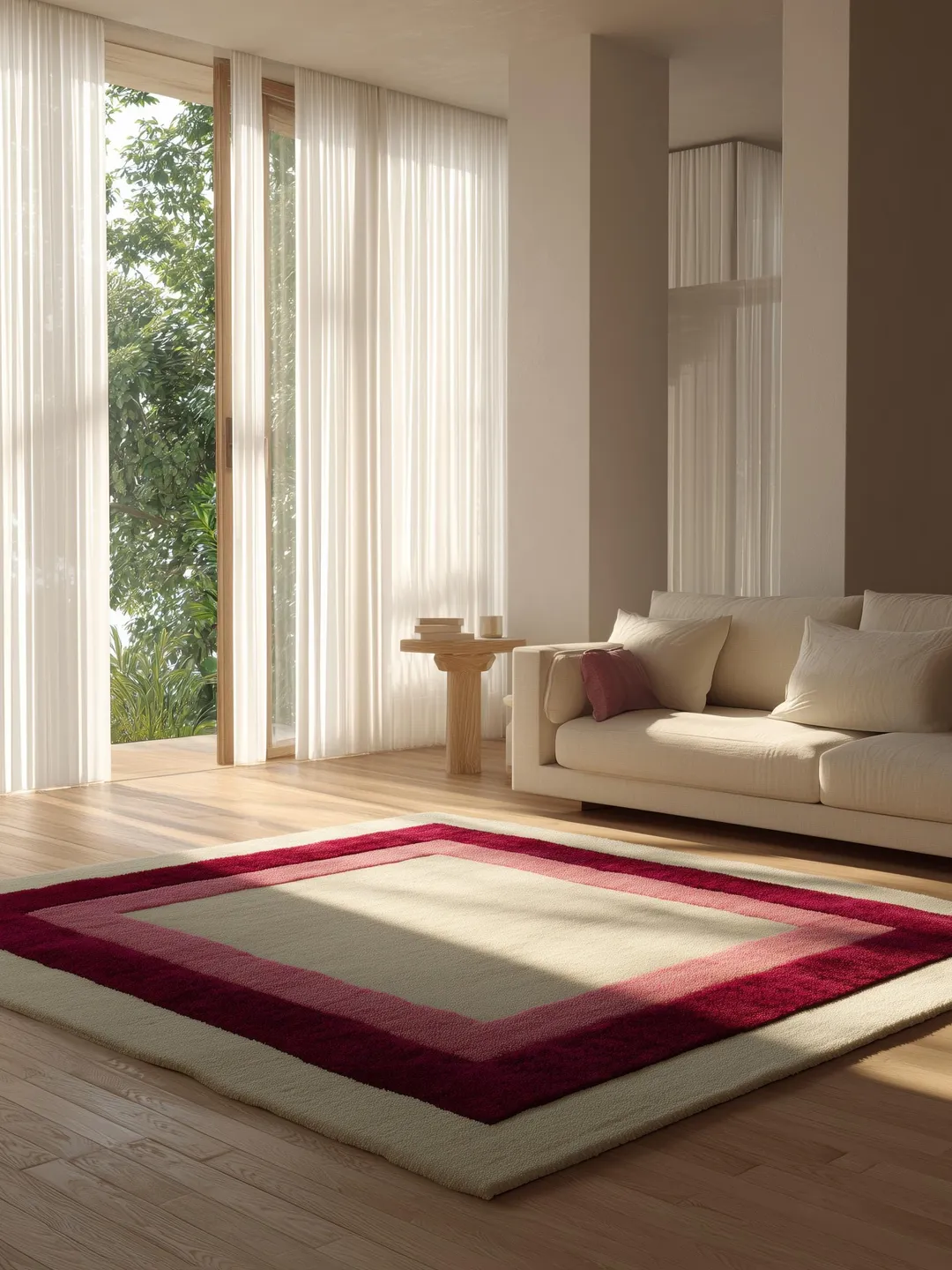 Geometric Border Area Rug: Cream, Blush & Burgundy Color-Block Design ...